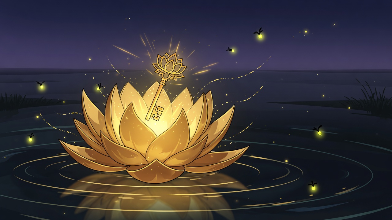 A golden lotus opening on dark water to reveal a glowing key